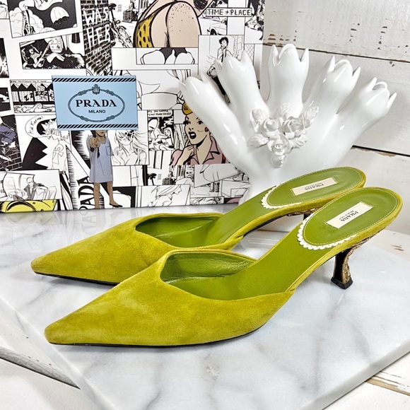 |SOLD| Prada Avocado Suede Leather Mules with Decorative Heel - Picture 4 of 8